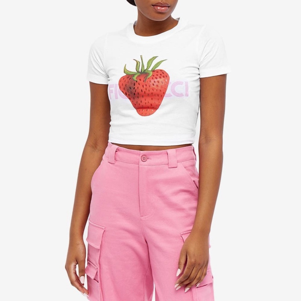 Fiorucci Women's Strawberry Logo Crop T-Shirt in White New